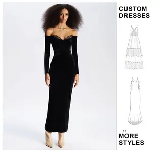 Custom LOGO OEM Off Shoulder Dress for Women Party Fully Covered Winter Velvet Sexy Lace Long Dress Luxury Evening Dresses