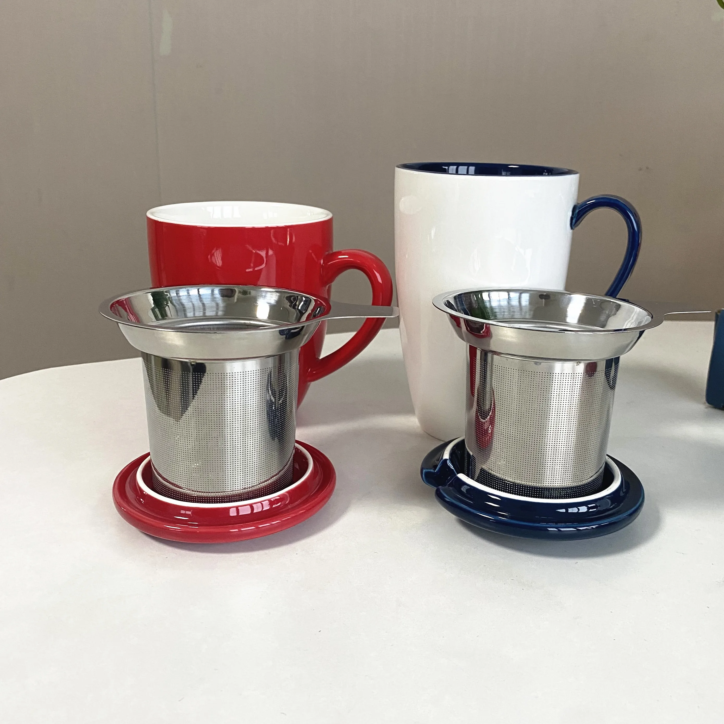 Custom Printed White Green 350ML 450ML Microwave Safe 15oz Ceramic Coffee Cup Set with Infuser and Lid for Travel and Holidays