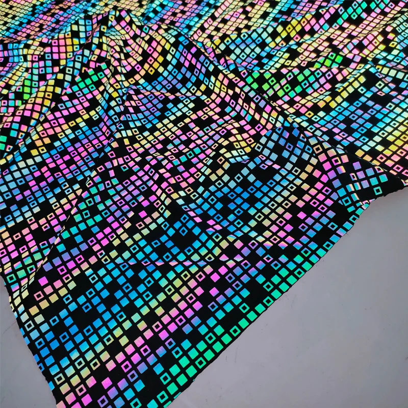 High Visible Printing Light rainbow Reflective Polyester Spandex Stretch Knitted Fabric for Fashion Dress Leggings Headbands