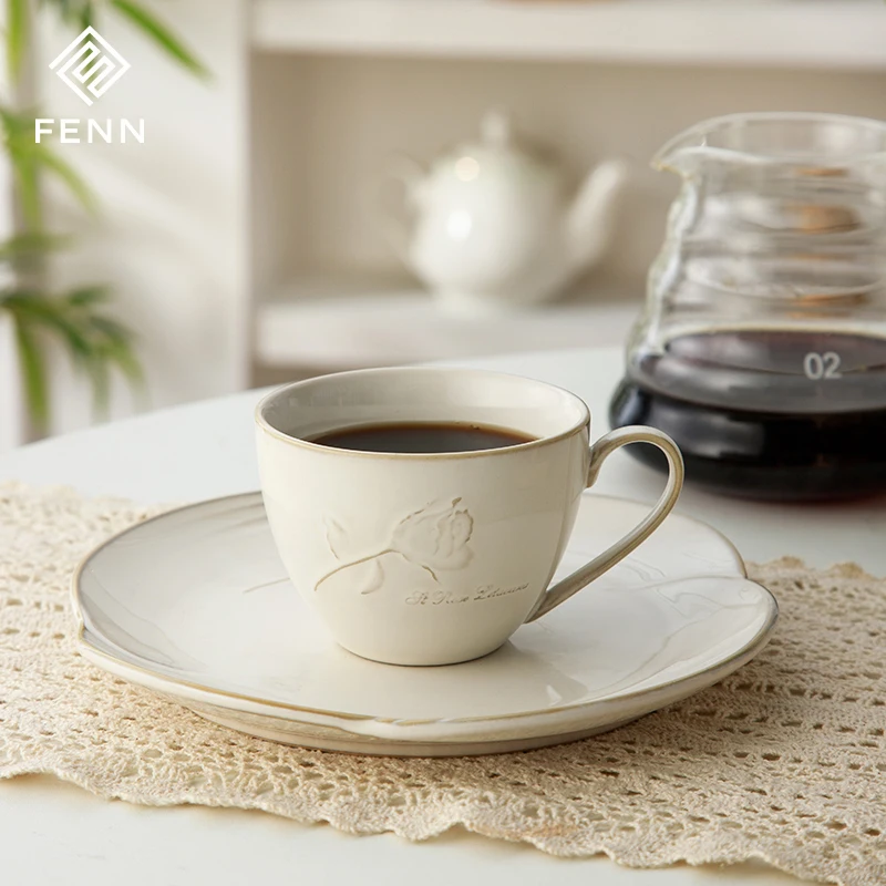 Contemporary Reactive Gray Glaze Elegant Embossed Rose Flower Ceramic Tea & Coffee Cup with 8-Inch Dessert Plate