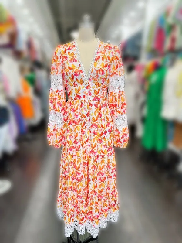 A Long Dress For Women Featuring Vibrant Floral Prints, Cutouts, And Lace Trim. - Image 5