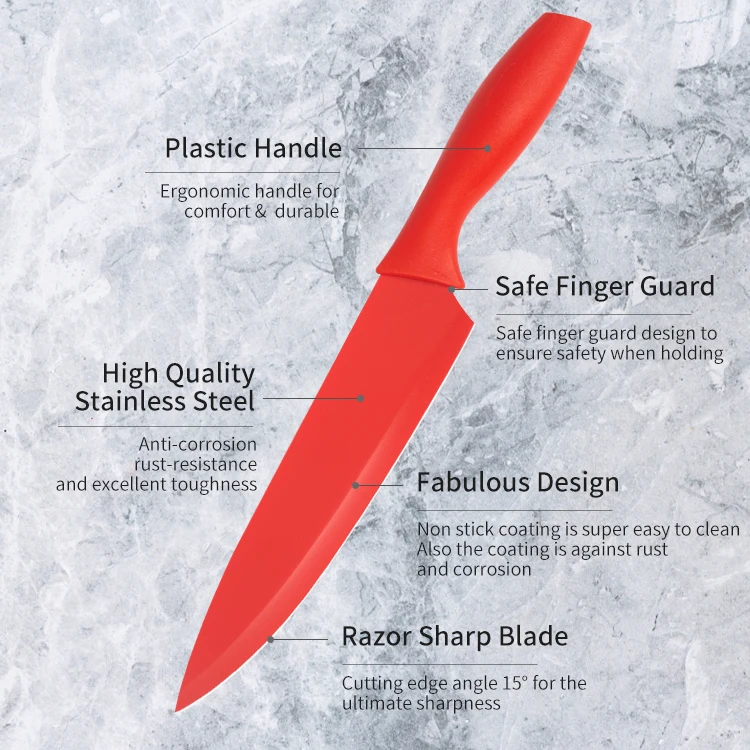 High Quality Cooking Knife Stainless Steel 10 PCS Non-stick Coated Kitchen Knife Set with Plastic Sheath
