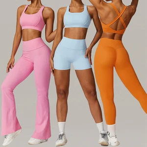 Hot Sexy Spring Naked Sensation Quick Dry Yoga Set Women Crisscross Back Sports Bra Stretch Pants Gym Yoga Wear Set