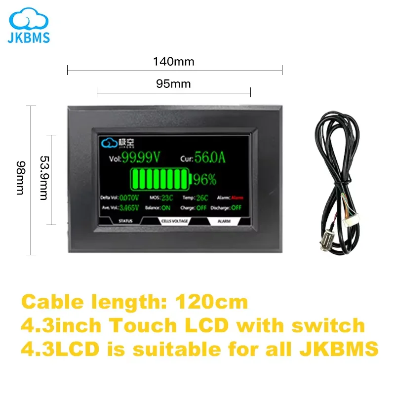 Display Touch Screen 4,3" Per BMS JK-PB Serie V19 (10A), Controllo Batterie E Configurazione Celle Con Cavo Incluso