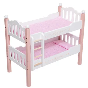Nordic Style Wooden Doll Bunk Bed Toy with Mosquito Net Double Layer Design for Kids Pretend Play and Role Playing Toy