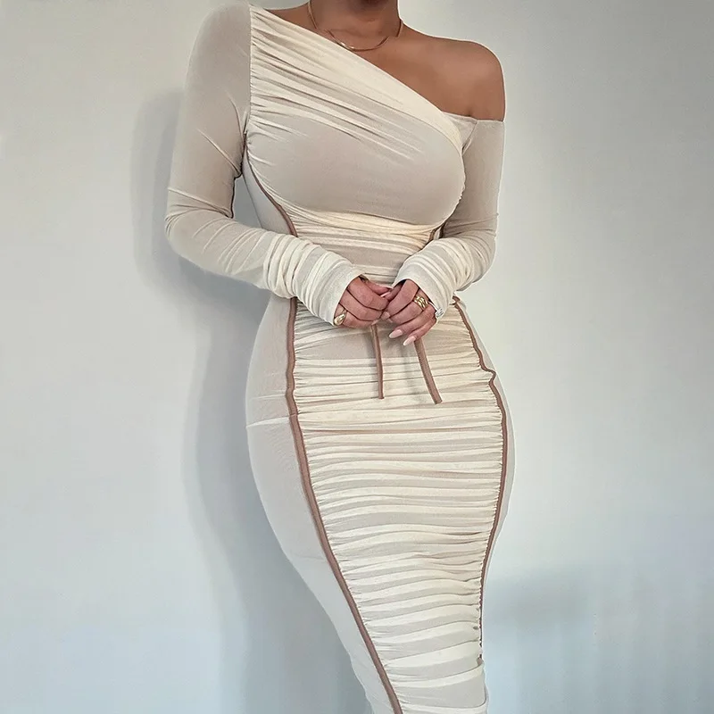 WS8225 2024 Spring and Summer Long Sleeve Double Layer Mesh Dresses Women Good Quality Inclined Shoulder Tight Fitting  Dress