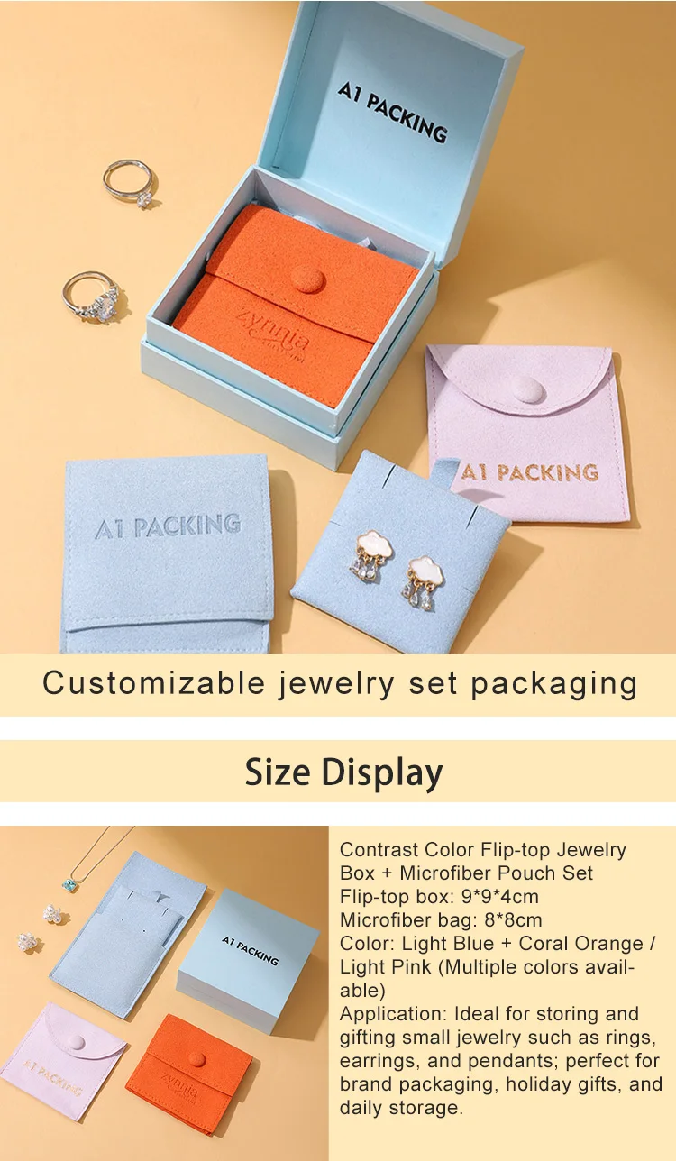 Luxury Square Flip-Top Jewelry Gift Box Set with Orange Microfiber Pouch Custom Logo Packaging for Rings and Earrings manufacture