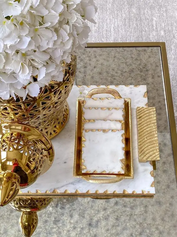 Natural White Marble Coaster With Gold /silver Trim For Kitchen Home
