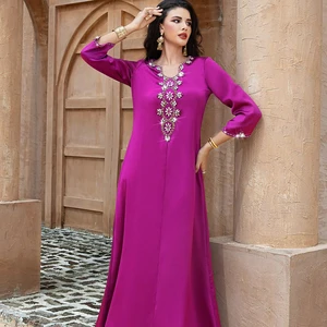 New Dragon Fruit Color Middle East Loose Handmade Embroidered Beaded Gowns Holiday Party Dresses