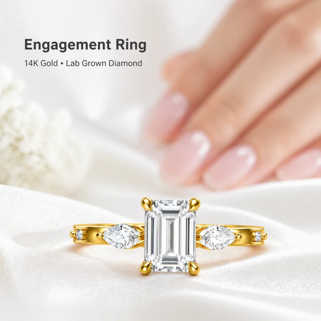 14K Gold Emerald Cut Lab Grown Diamond Ring Marquise Lab Created Diamond Engagement Ring Lab Diamond Rings for Women