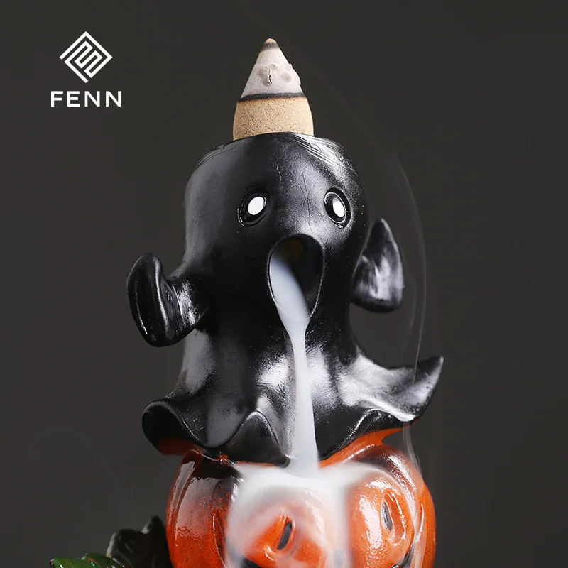 FENN Halloween Ghost Festival Backflow Incense Burner Gift Ceramic Pumpkin Waterfall Backflow Incense Burner Party Decoration