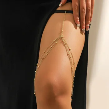 Fashion Beach Body Jewelry Black Sexy Elastic Thigh Chains Gold Alloy Metal Bead Leg Chain Women's Body Jewelry