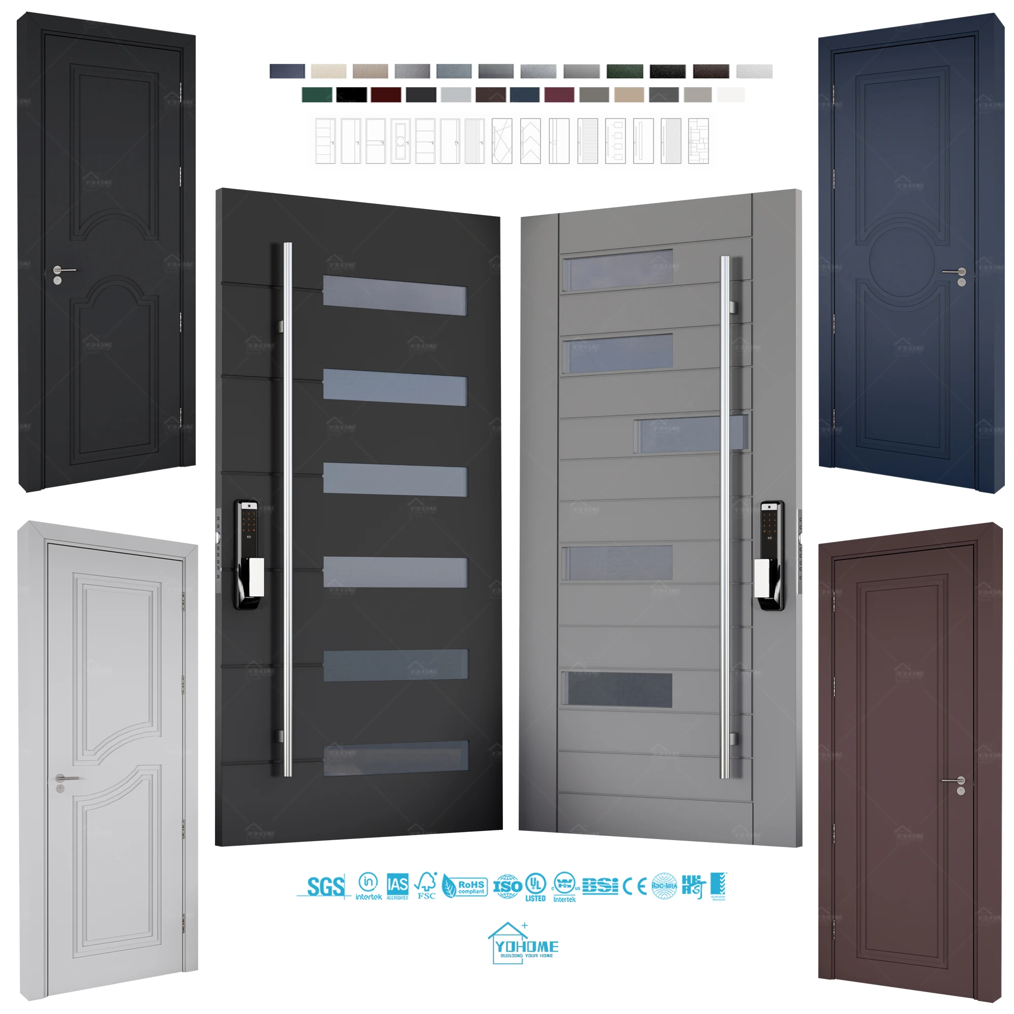 China Yohome Factory Custom Cast Aluminium Security Entry Doors for Houses Entrance Wood Door Modern Pivot Front Exterior Door