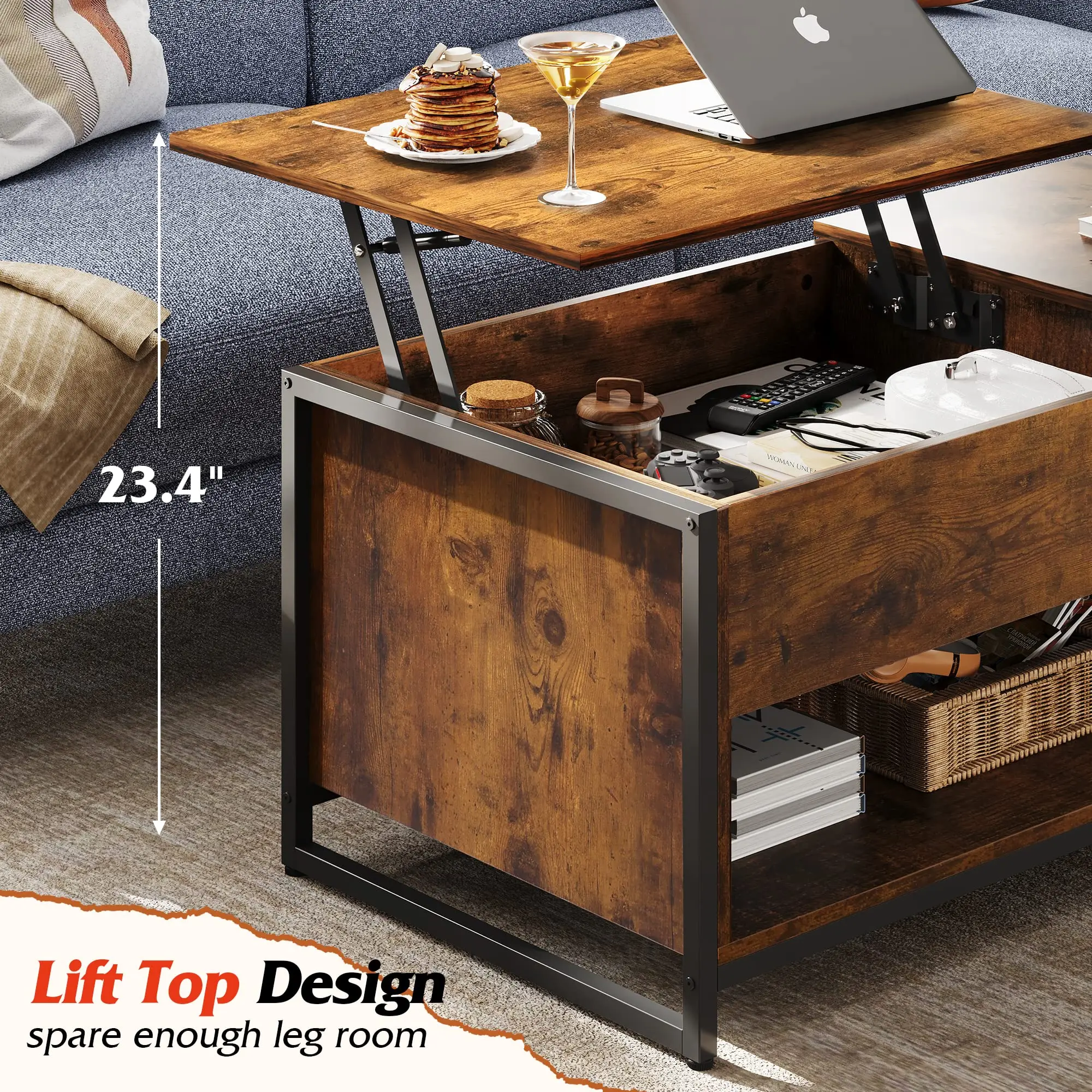 Rustic Brown Table with Storage,Hidden Compartment and Open Shelf with Metal Mesh Door Cabinet Lift Top Coffee Table