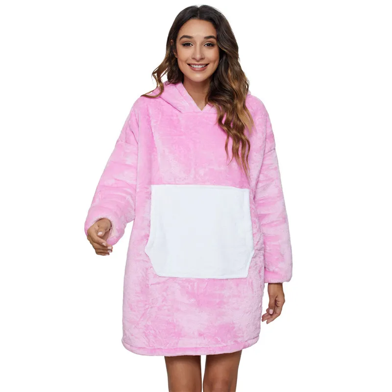 Wholesale Giant Pocket Flannel Hooded Sweatshirt Sweater Pink Unicorn Oversized Wearable Soft Warm Sherpa Hoodie Blanket