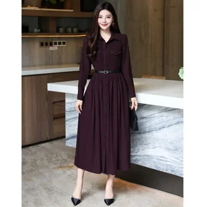 AELESEEN French Elegant Office Lady Midi Dress Women Long Sleeve Turn-down Collar Commuting Autumn Winter Slimming Dress