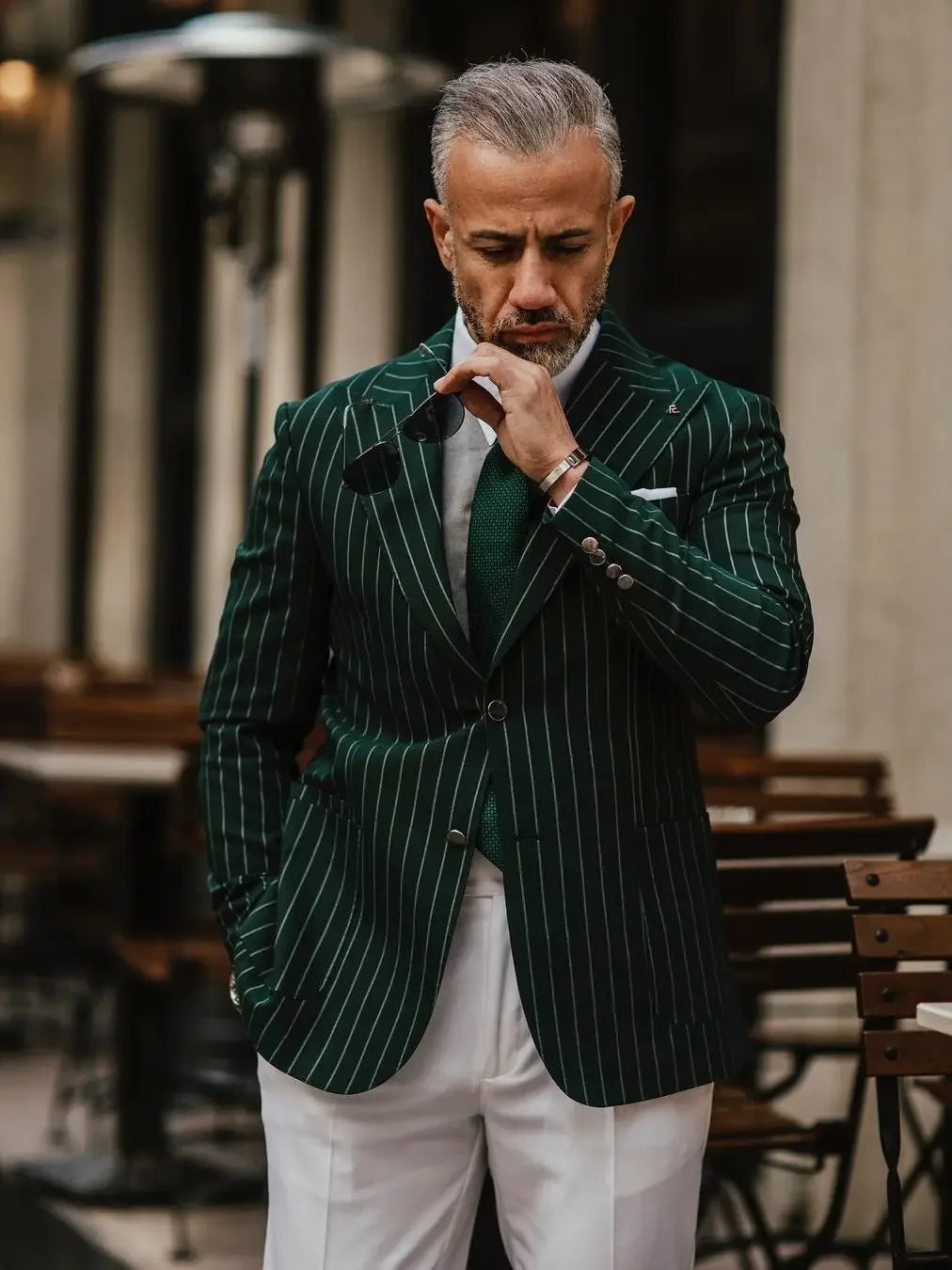 Green Striped Peaked Lapel Coat Men's Suits for Wedding