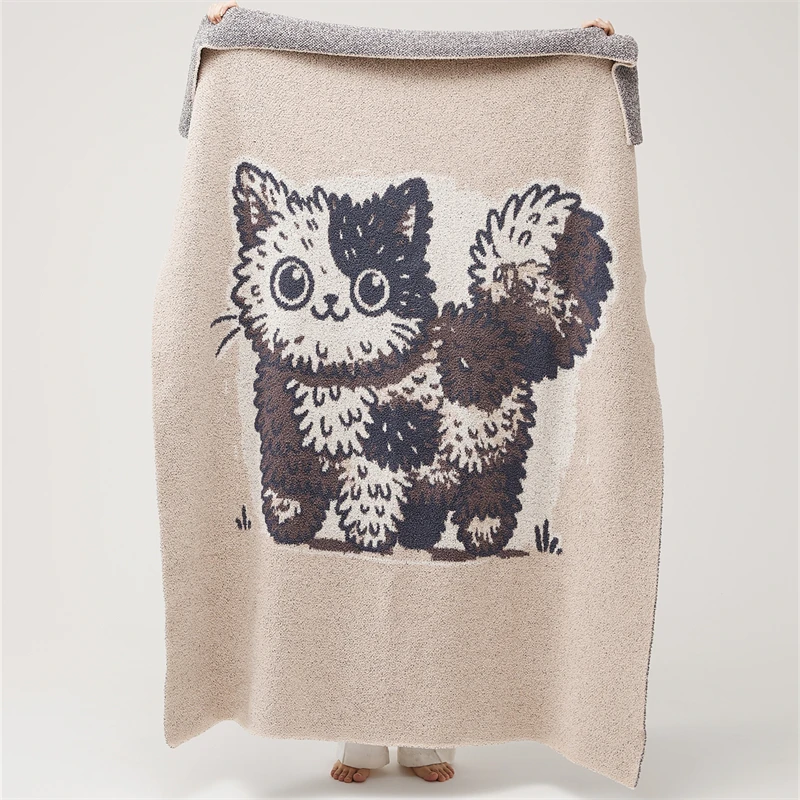 FB New Plush Cute Cat Pattern 100% Polyester Knitted Throw Microfiber Blanket Home Decoration factory