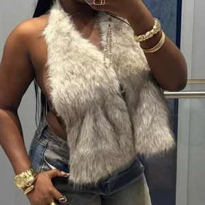 Viviblook D25TP245 Sexy Fur Collar Halter Neck V-neck Backless Sleeveless Tied Rope Vest Crop Top for Women