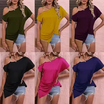 Women's New Summer Style One-Shoulder Button Short-Sleeved Casual T-Shirts Flannel Corduroy Stylish Short-Sleeved T-Shirts Women