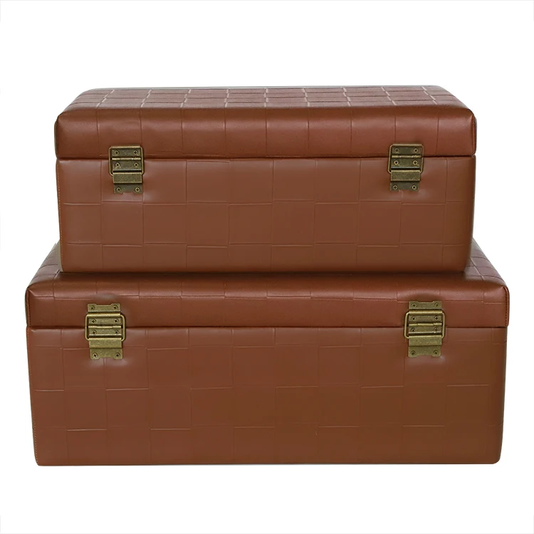 Set of 2 Brown Leather Trunks Pu Leather Trunks with Vintage Bronzed Metal Lock Accessory