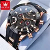 black dial rose gold case black strap