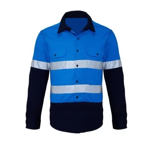 Hot Sale High Visibility 100% Cotton Drill Blue / Navy Two Tone Hi Vis Mechanic Reflective Safety Work Shirt