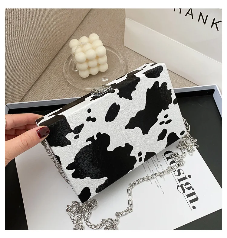 Fashion Cow Leopard Pattern Square Crossbody Box Leather Chain Ladies Hand Bags Purses Women