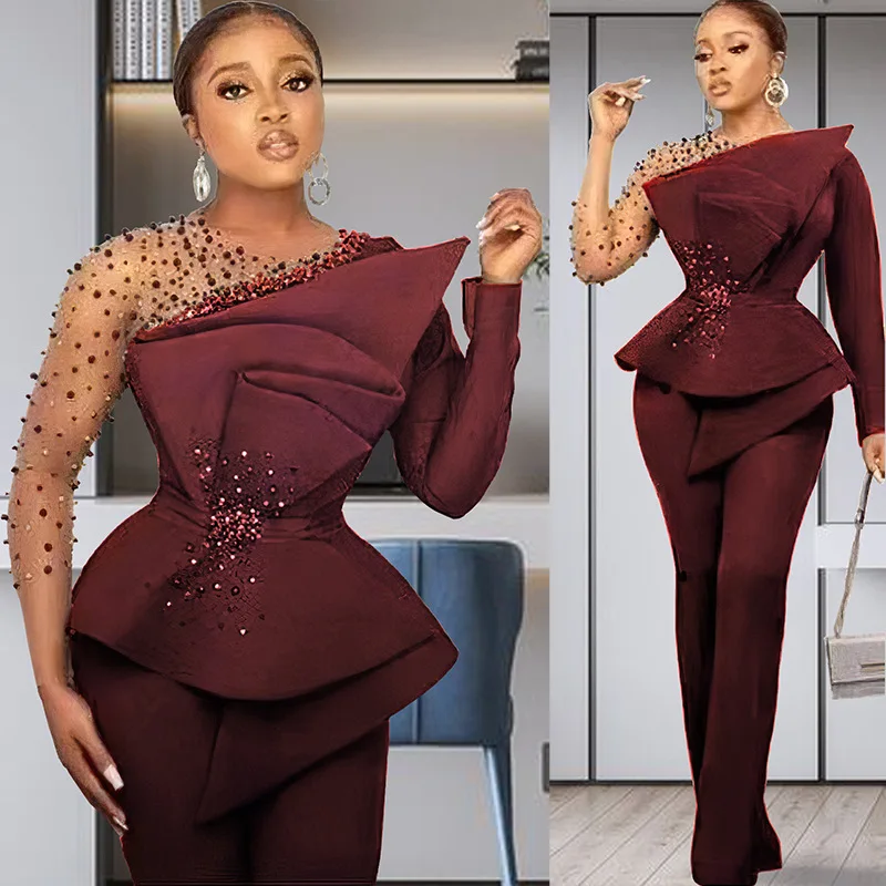 Fashion Elegant Plus Size Solid Color Mesh Stitching Bead Outfits for Women Wide Leg Pants Formal Suit Two Piece Women