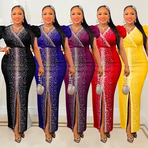 C6500 Luxury Party Dresses Women Puff Sleeve Stretch V-neck Rhinestone Beaded Long Dress Elegant Gowns for Women Evening Dresses
