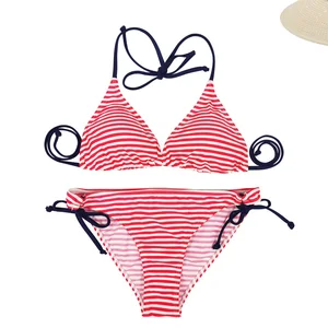 Wholesale Two Piece Striped Beachwear Sexy Padded No Underwire Swimsuit for Ladies Backless Women's String Bikinis Set
