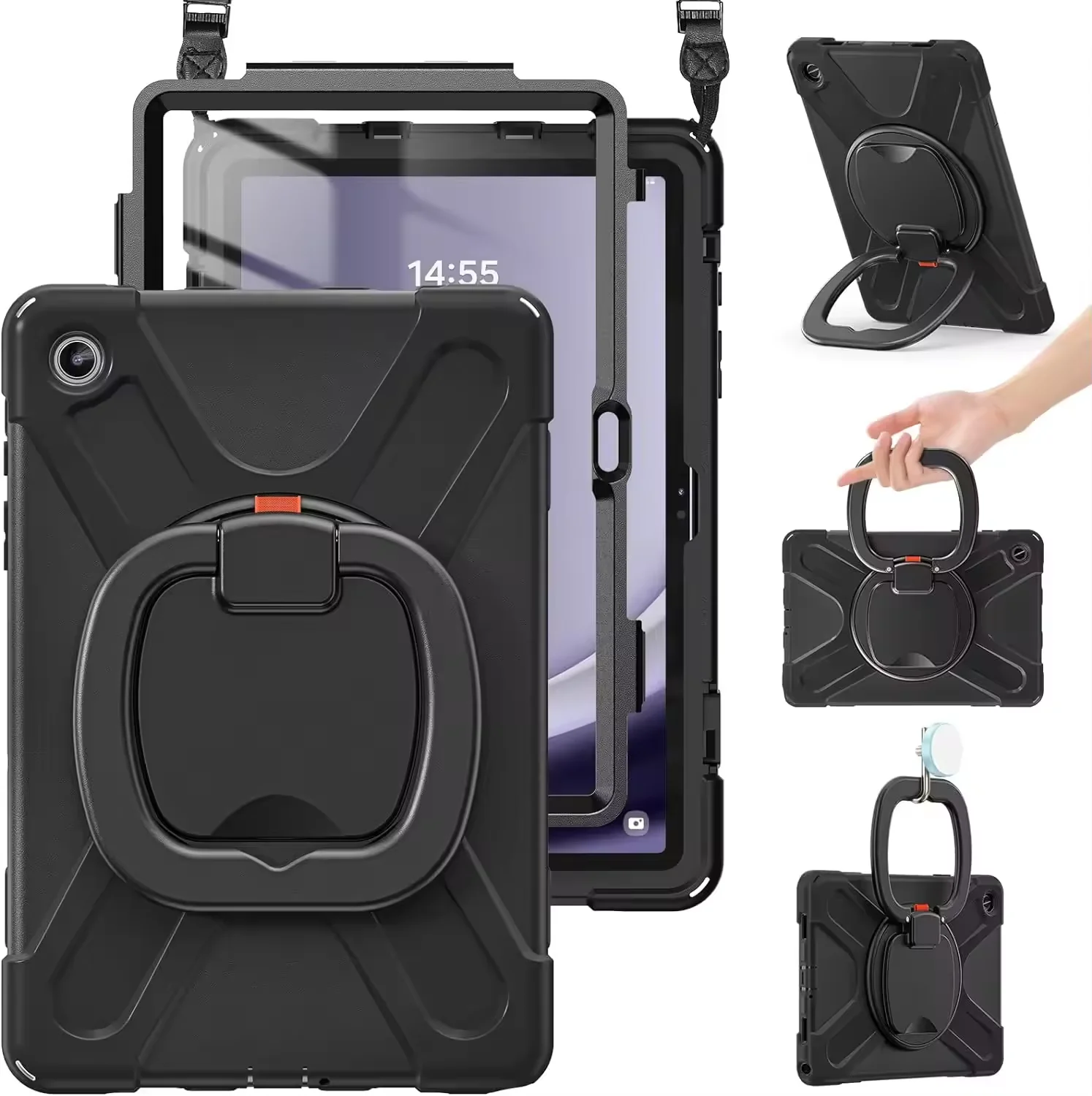 Silicone Tablet Case for iPad 10.2 10.9 12.9 Full Body Protective Anti-Shock Case with shoulder strap Kick Stand Ring