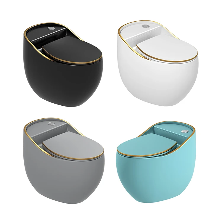 Modern hotel bathroom sanitary ware floor mounted round s trap one piece ceramic color egg shape toilet bowl with gold line