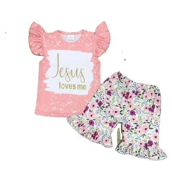 Wholesale new arrival fall short sleeve print outfit children wear boutique baby gir Jesus cross rabbit print clothes.