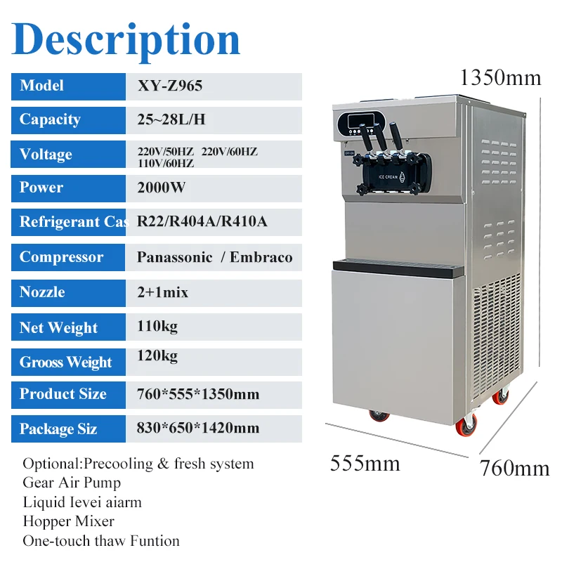 XY-Z965 Vertical Soft Ice Cream Machine - 28L/H Capacity