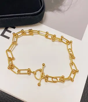 Trendy OT Buckle Chain Bracelet Jewelry 18K Solid Gold horseshoe U-shaped Bracelet Paper Clip Chain 18k Gold Bracelet Wholesale