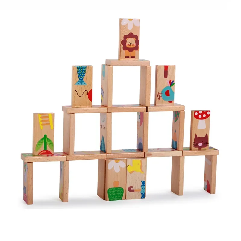 Customs Wooden Cartoon Animal Printed Set 28Pcs Blocks Domino Kids Children Baby Toys for Education Brain Intelligence