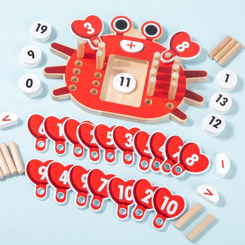 Crab Montessori Math Manipulatives Wooden Learning Number and Counting Games Board Teaching Aids Educational Toys for Kids