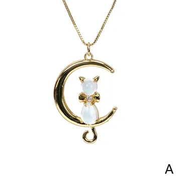 Trendy 2022 Women Jewelry Moon 18k Gold Necklaces Colorful Natural Crystal Cute Animal Cat Pendant Necklace For Girl