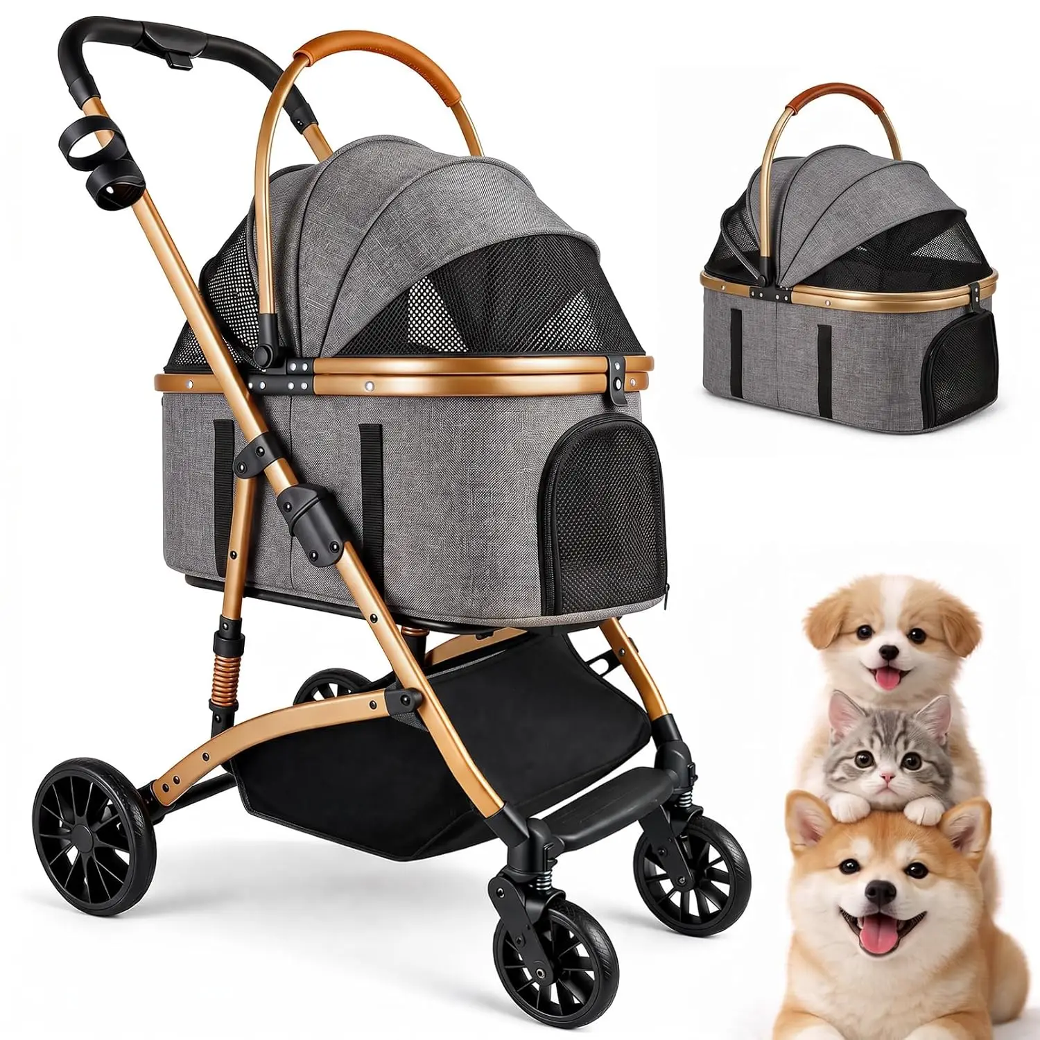 3-in-1 Dog Stroller W/ Rain Cover, Quick Fold, Detachable Carrier & Car  Seat, for Medium Dogs/Cats up to 50 Lbs, Grey| Alibaba.com