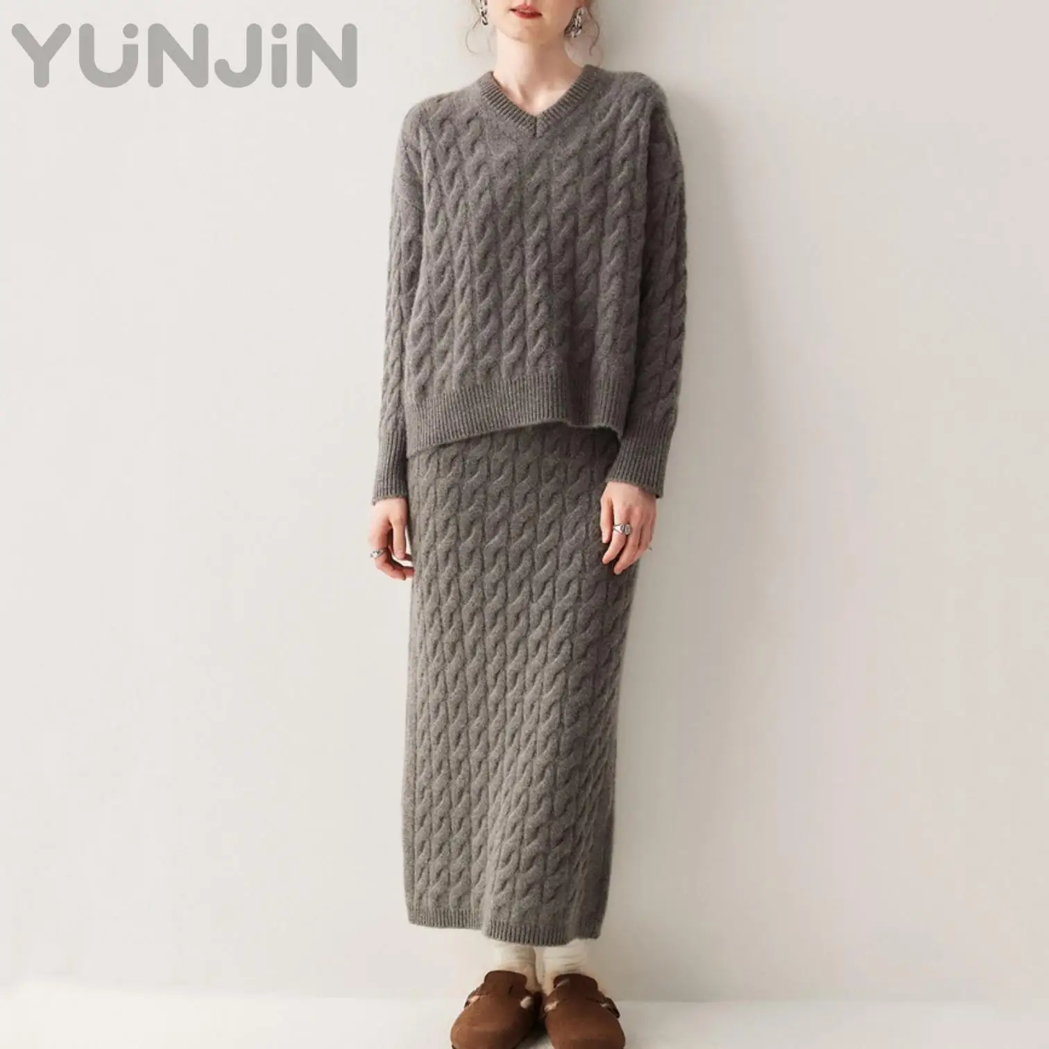 Women's Cashmere Wool Knitted Set Two Pieces V-neck