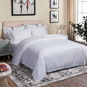 Hotel Linen 300TC White Bedding Set Bed Sheet Set with 3cm Stripe 100% Cotton Bedding Sheet for Hotel or Hospital Use