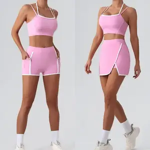 Color Block Buttery Soft Moisture Wicking Non See Through Sports Gym Trendy Open Back Quick Dry Fitness Activewear Gym Yoga Set