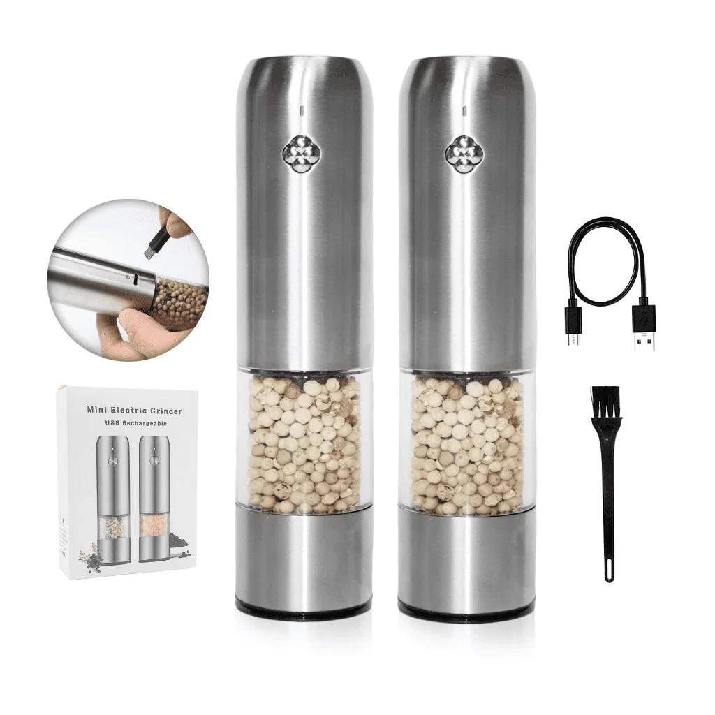Kitchen Gadgets Metal Flower One Button Control Mini Electric Salt and Pepper Grinder Set Portable Pepper Mill Good for Travel