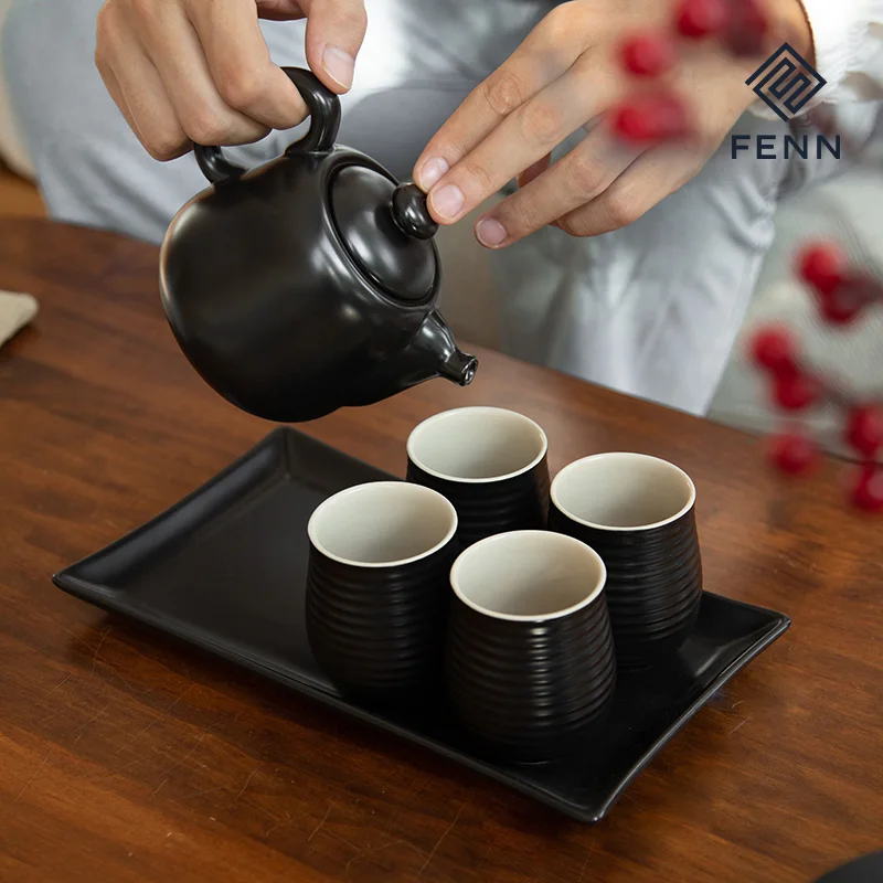 FENN wholesale custom tea accessories vintage restaurant black chinese teapot ceramic cup saucer set unique tea cup with tray