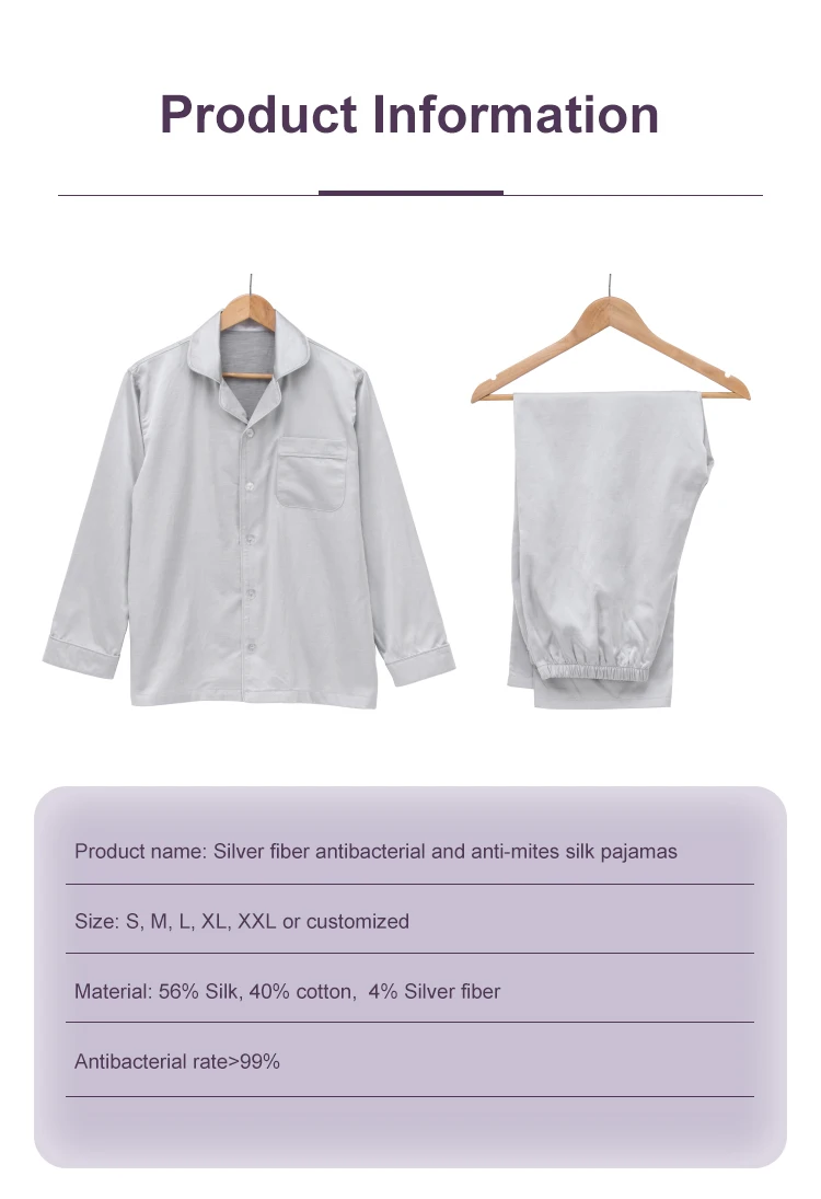 Custom logo soft double anti-microbial mulberry silk sleepwear pure silver fiber men pajamas