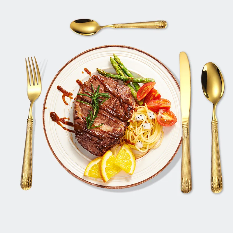 New Gold Flatware Set Embossed Handle 304 Knife Fork Spoon Silverware Stainless Steel Gold Cutlery Set for Wedding
