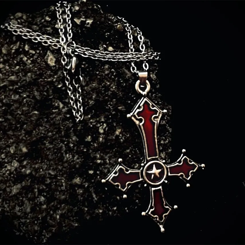 Punk Blood Red Gothic Inverted Cross Pendant Necklace