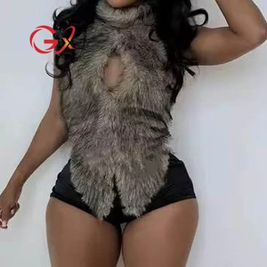 GX25269 Fashion Women Sweet Sexy Street Wear Blouse Halter Plush Hollow Out Ladies Vest Unique Irregular Backless Tank Tops