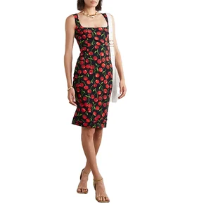 Clothing Manufacturer Custom Spring Summer square Neck Sleeveless Woman Cherry Print Elegant Casual Dress